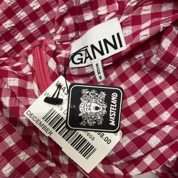 NEW GANNI Women's Seersucker Cut-Out Checked Mini Dress Red/White Size 8 - Picture 2 of 13